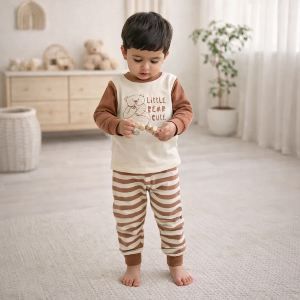 Kids Warm Pajama Set Bear Off White & Brown - Sunshine - Image 2