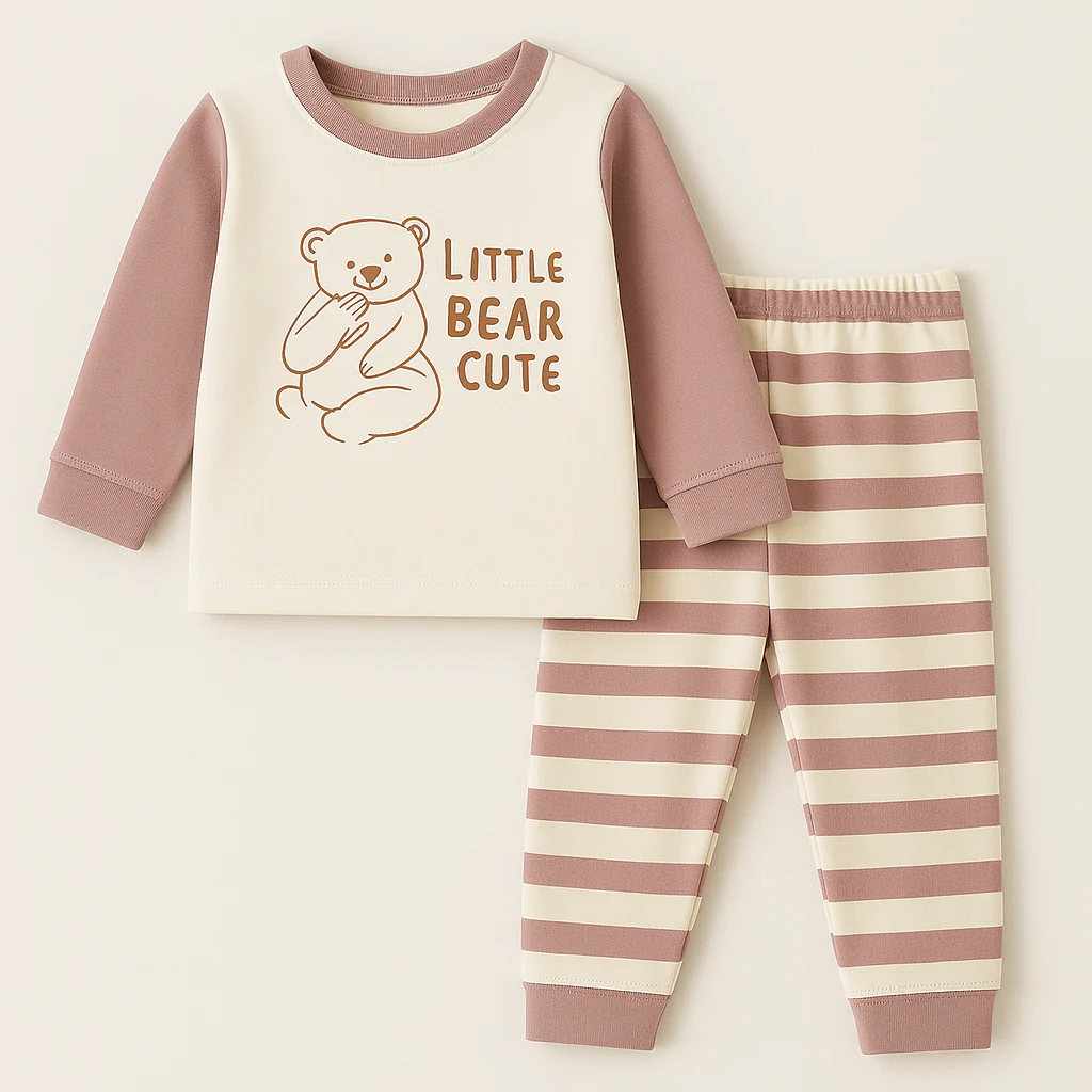 Kids Warm Pajama Set Bear Off White & Purple - Sunshine