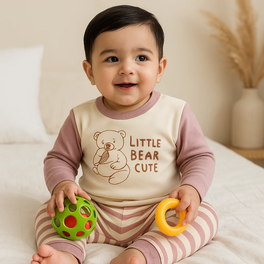 Kids Warm Pajama Set Bear Off White & Purple - Sunshine - Image 2