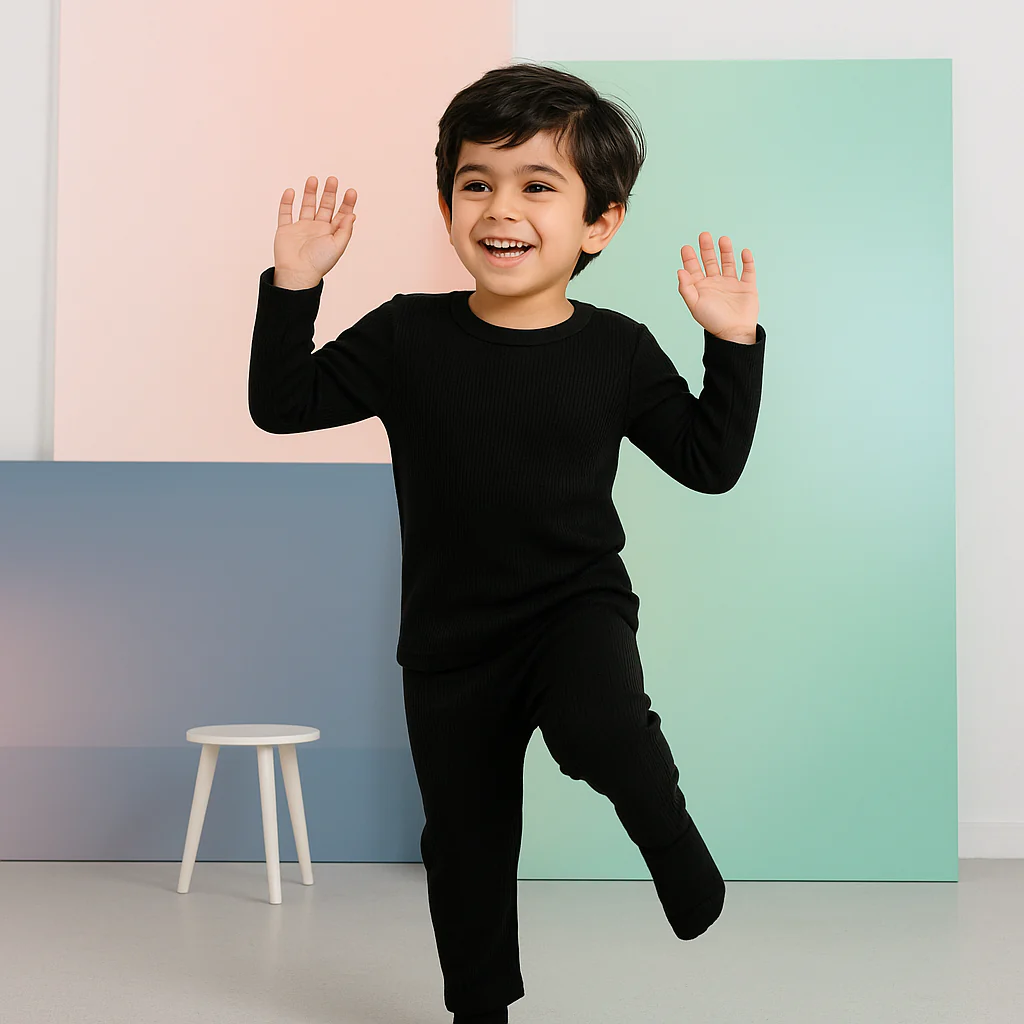 Kids Warm Soft Cotton Premium Ribbed Innerwear Black Lvs - Sunshine - Image 2