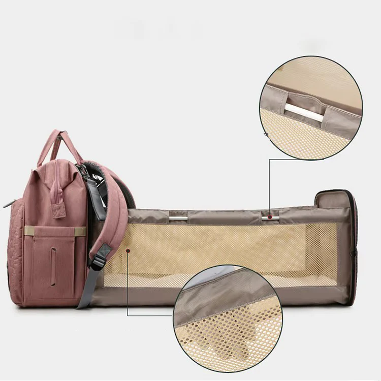 Multipurpose Baby Diapers Bag (Waterproof) With Portable Bed Peach - Momease - Image 2