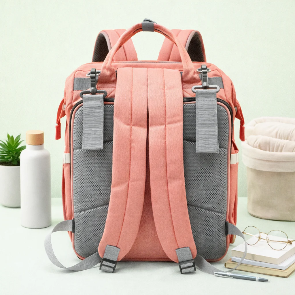 Multipurpose Baby Diapers Bag (Waterproof) With Portable Bed Peach - Momease - Image 3