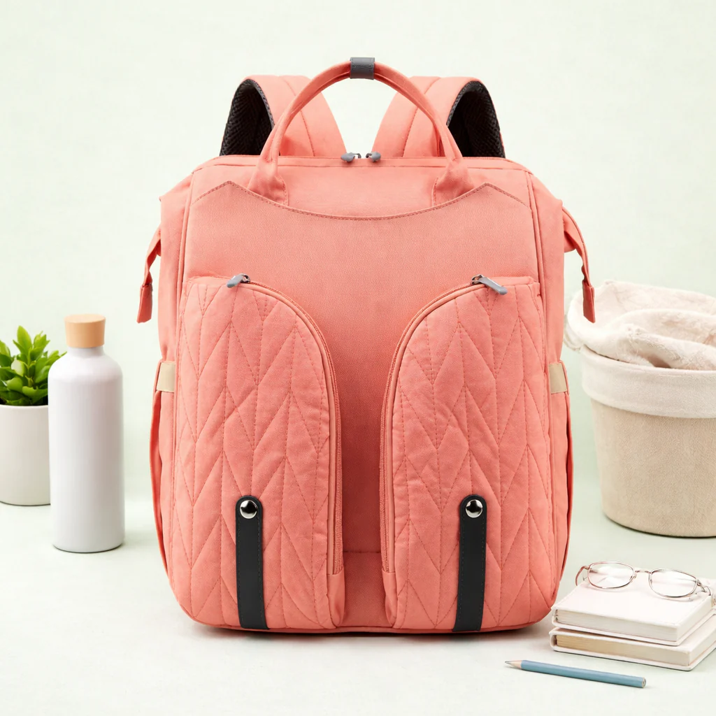 Multipurpose Baby Diapers Bag (Waterproof) With Portable Bed Peach - Momease - Image 4