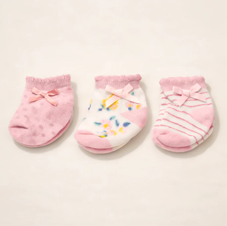 Newborn Baby 3 Pcs Set Socks Set Flowers Pink (0-6 Months) - Sunshine