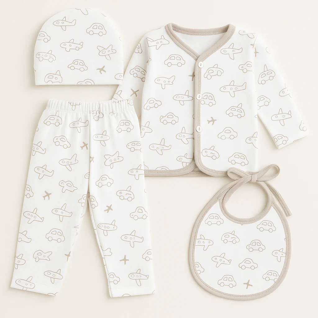 Newborn Baby 4Pcs Fleece Gift Set Cars & Aeroplan Grey - Sunshine