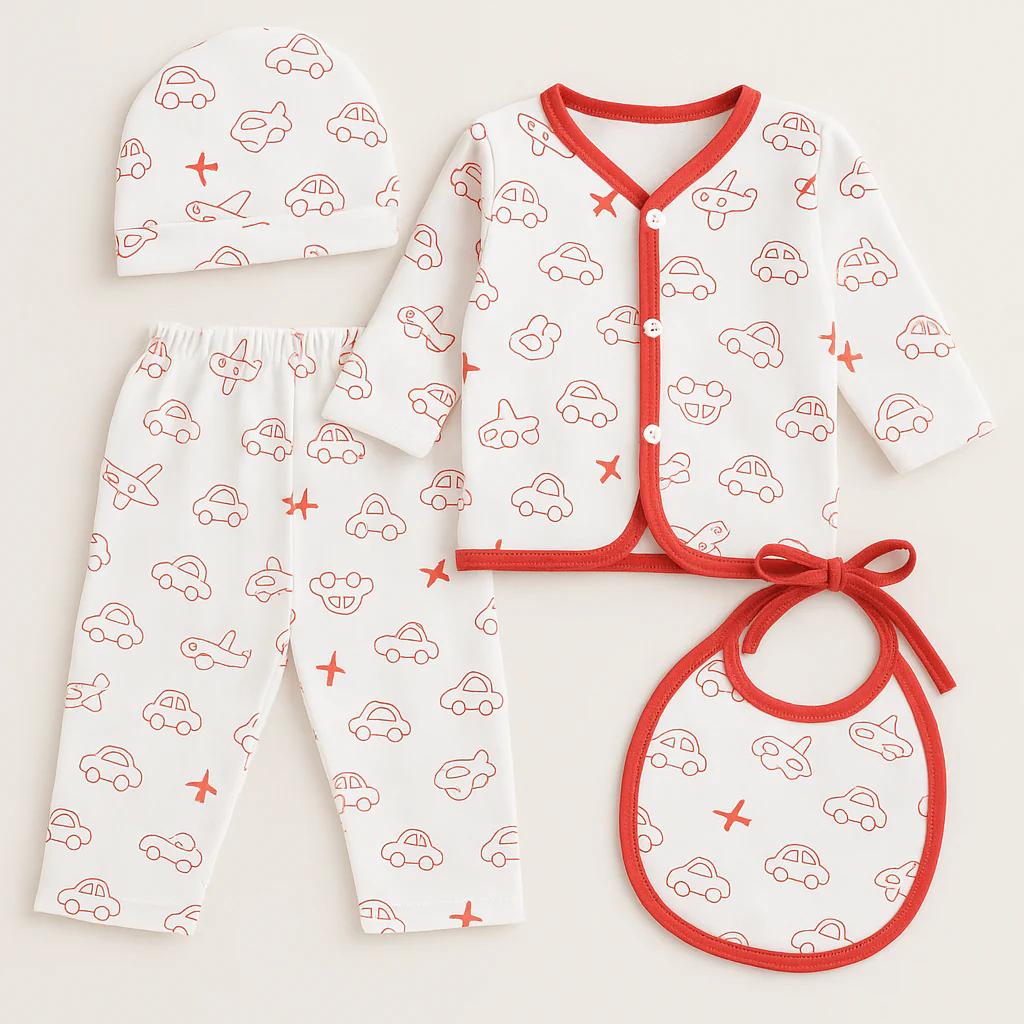 Newborn Baby 4Pcs Fleece Gift Set Cars & Aeroplan Red - Sunshine