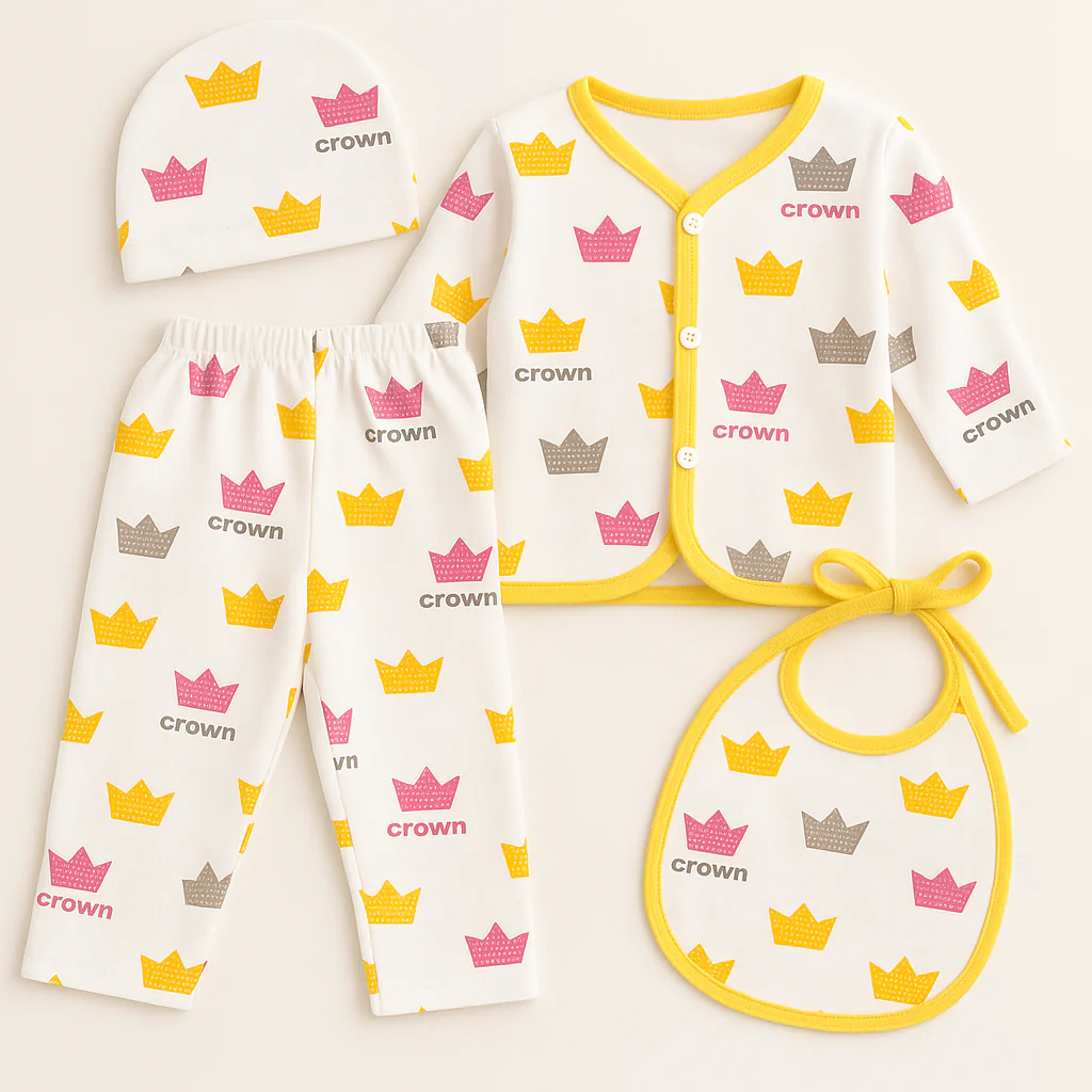 Newborn Baby 4Pcs Fleece Gift Set Crown Yellow & White - Sunshine