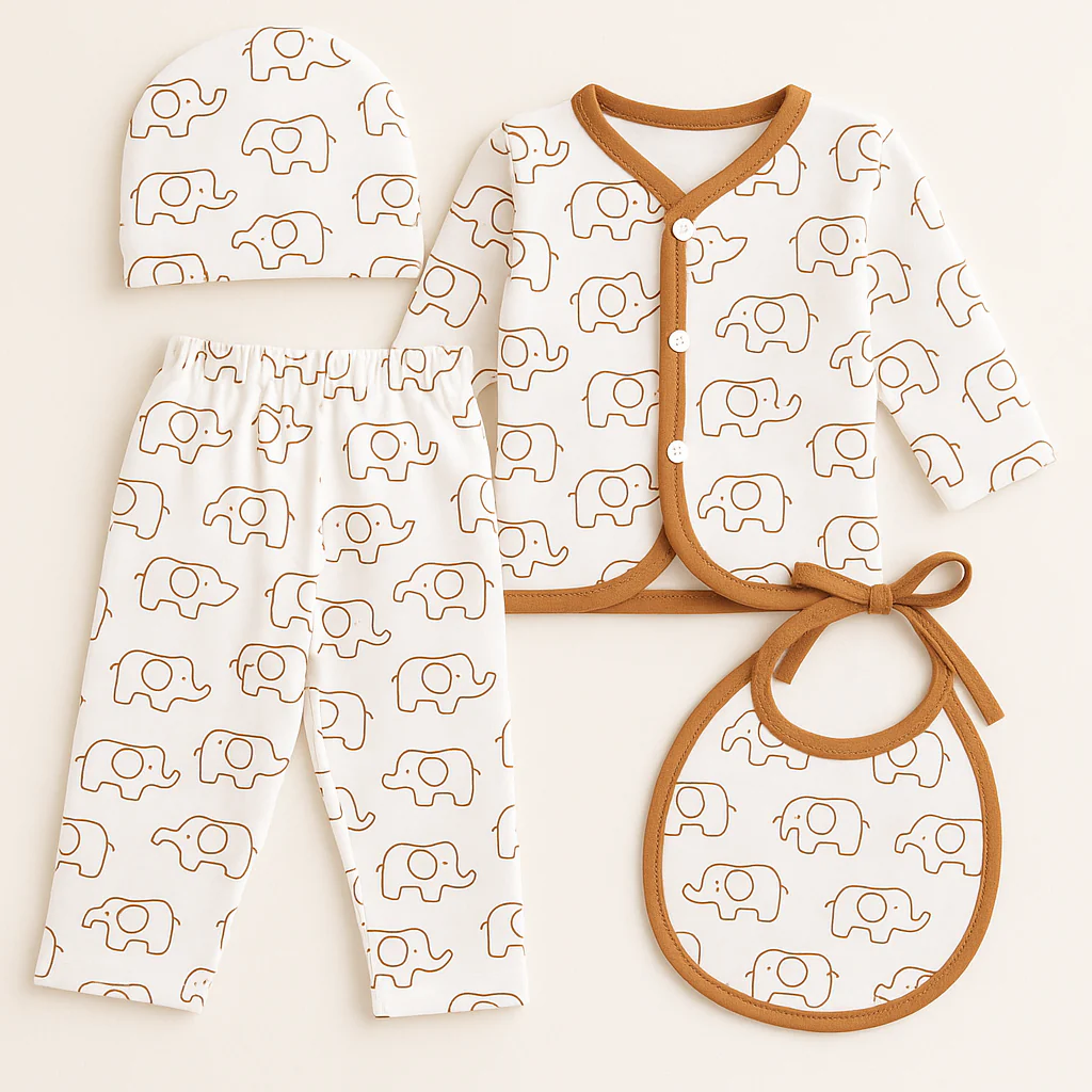 Newborn Baby 4Pcs Fleece Gift Set Elephants Brown - Sunshine