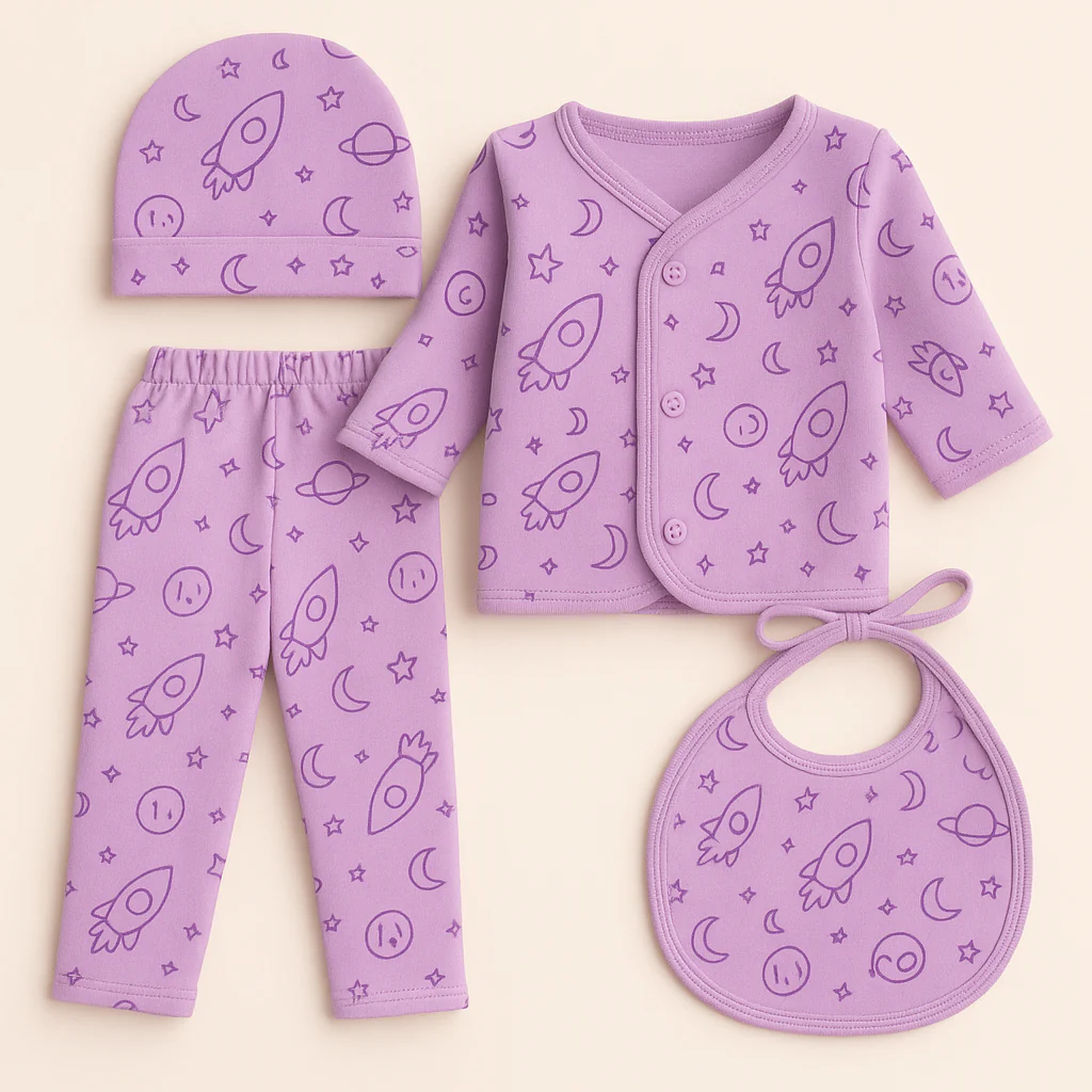 Newborn Baby 4Pcs Fleece Gift Set Stars & Rockets Purple - Sunshine