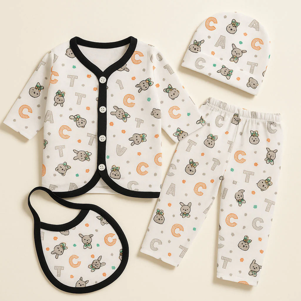Newborn Baby 4Pcs Full Sleeves Fleece Gift Set Alphabets Black - Sunshine
