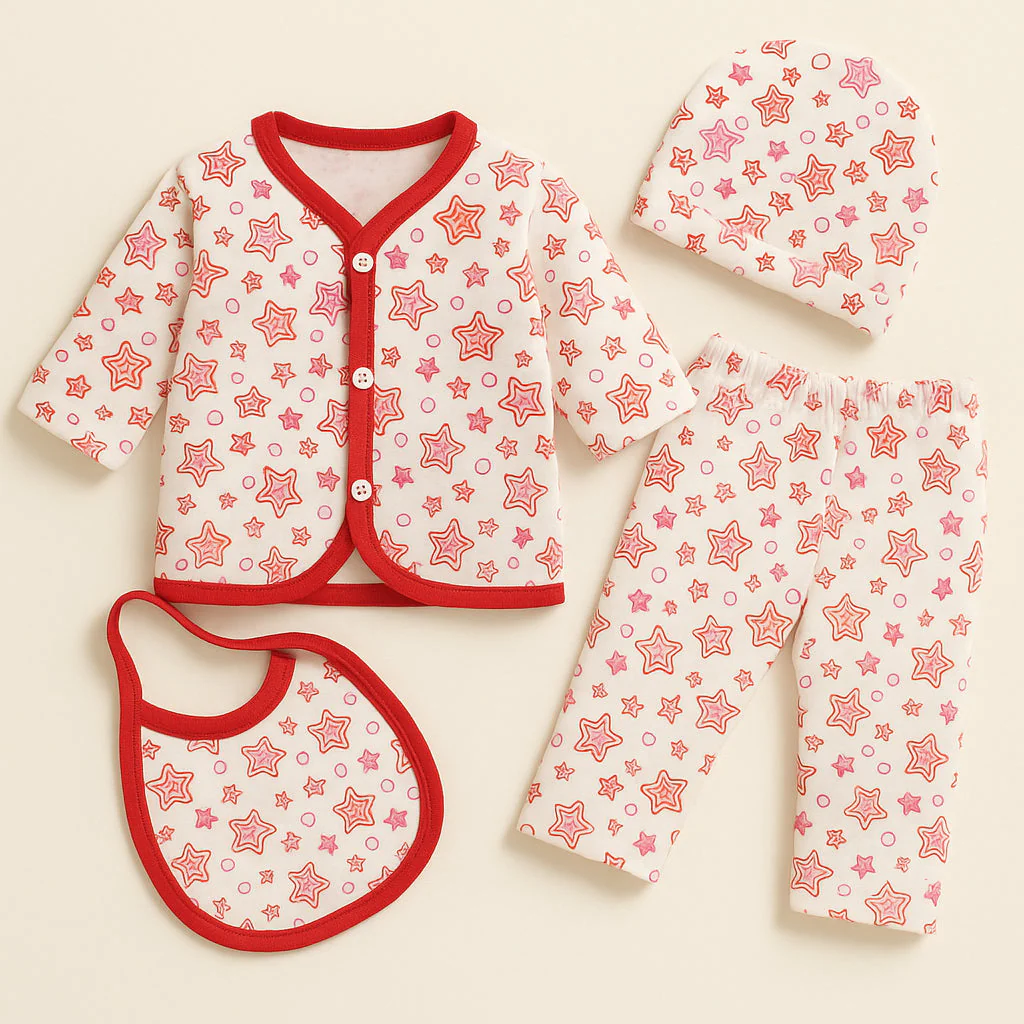 Newborn Baby 4Pcs Full Sleeves Fleece Gift Set Star Red - Sunshine