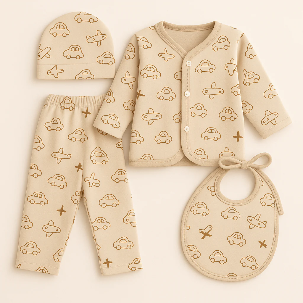Newborn Baby 4Pcs Gift Set Full Sleeves Car & Aeroplan Beige - Sunshine