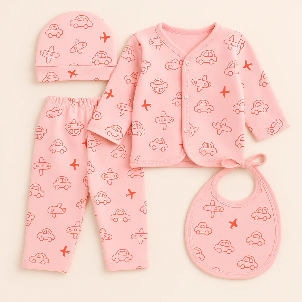 Newborn Baby 4Pcs Gift Set Full Sleeves Car & Aeroplan Pink - Sunshine
