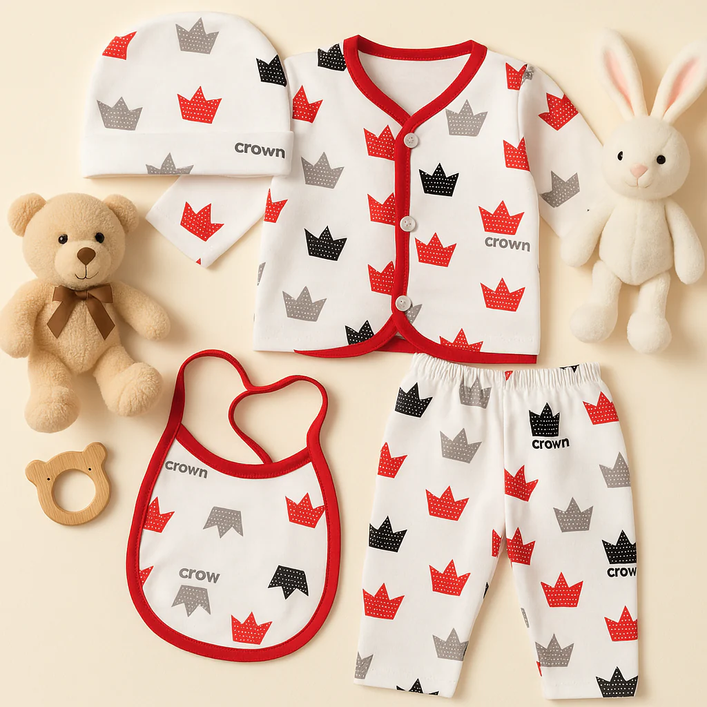 Newborn Baby 4Pcs Gift Set Full Sleeves Crown Red & White - Sunshine