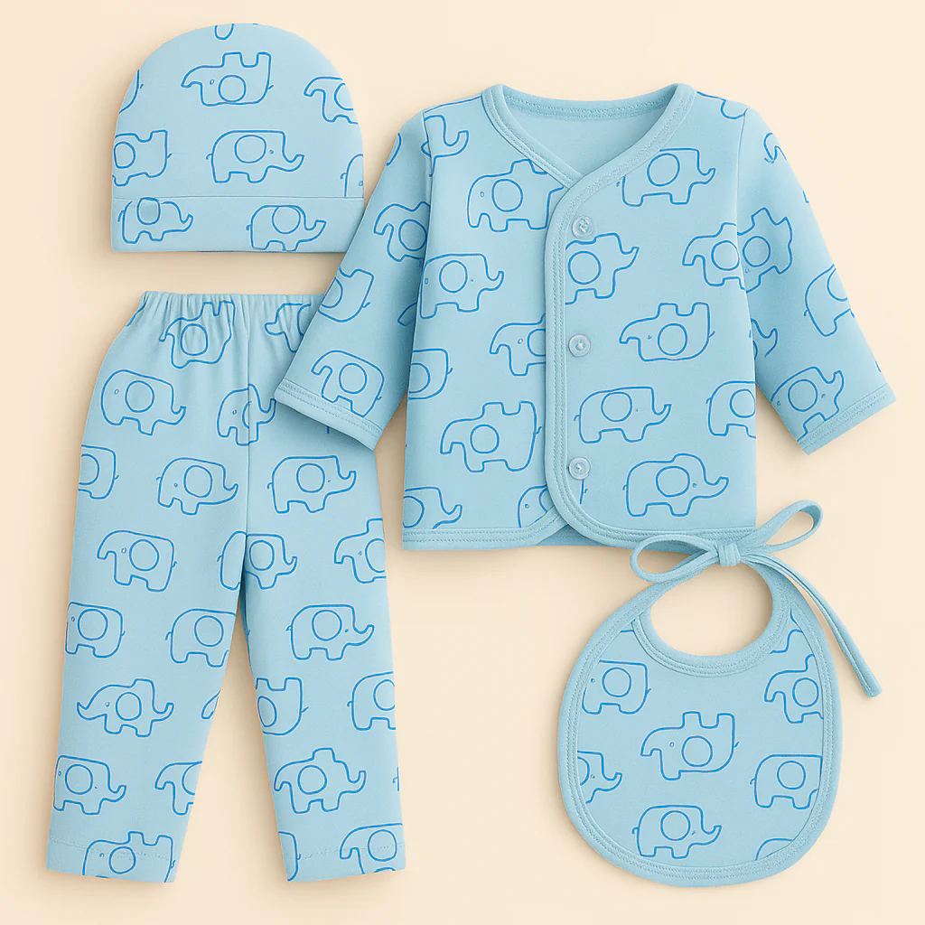Newborn Baby 4Pcs Gift Set Full Sleeves Elephant Blue - Sunshine