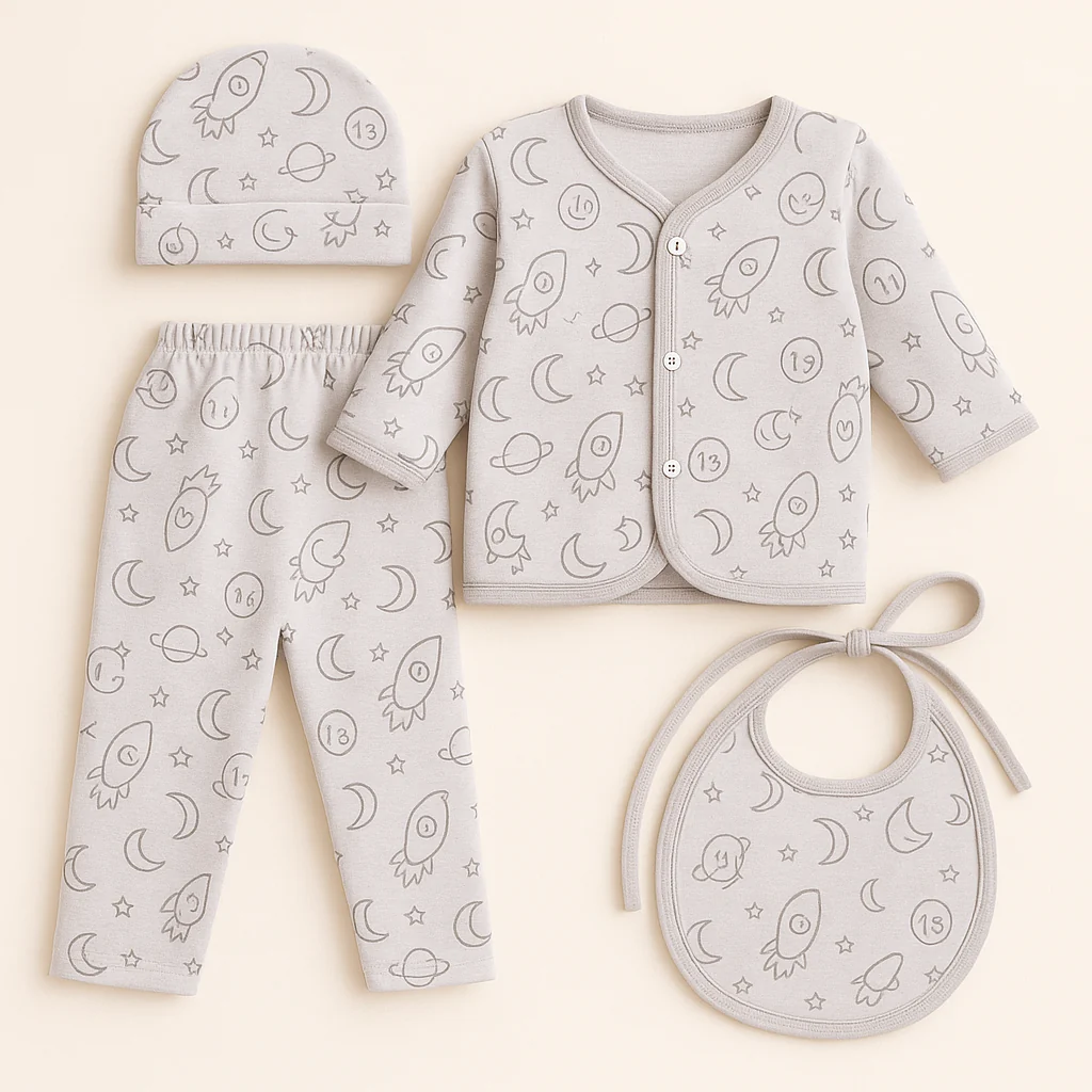 Newborn Baby 4Pcs Gift Set Full Sleeves Stars & Rockets Grey - Sunshine