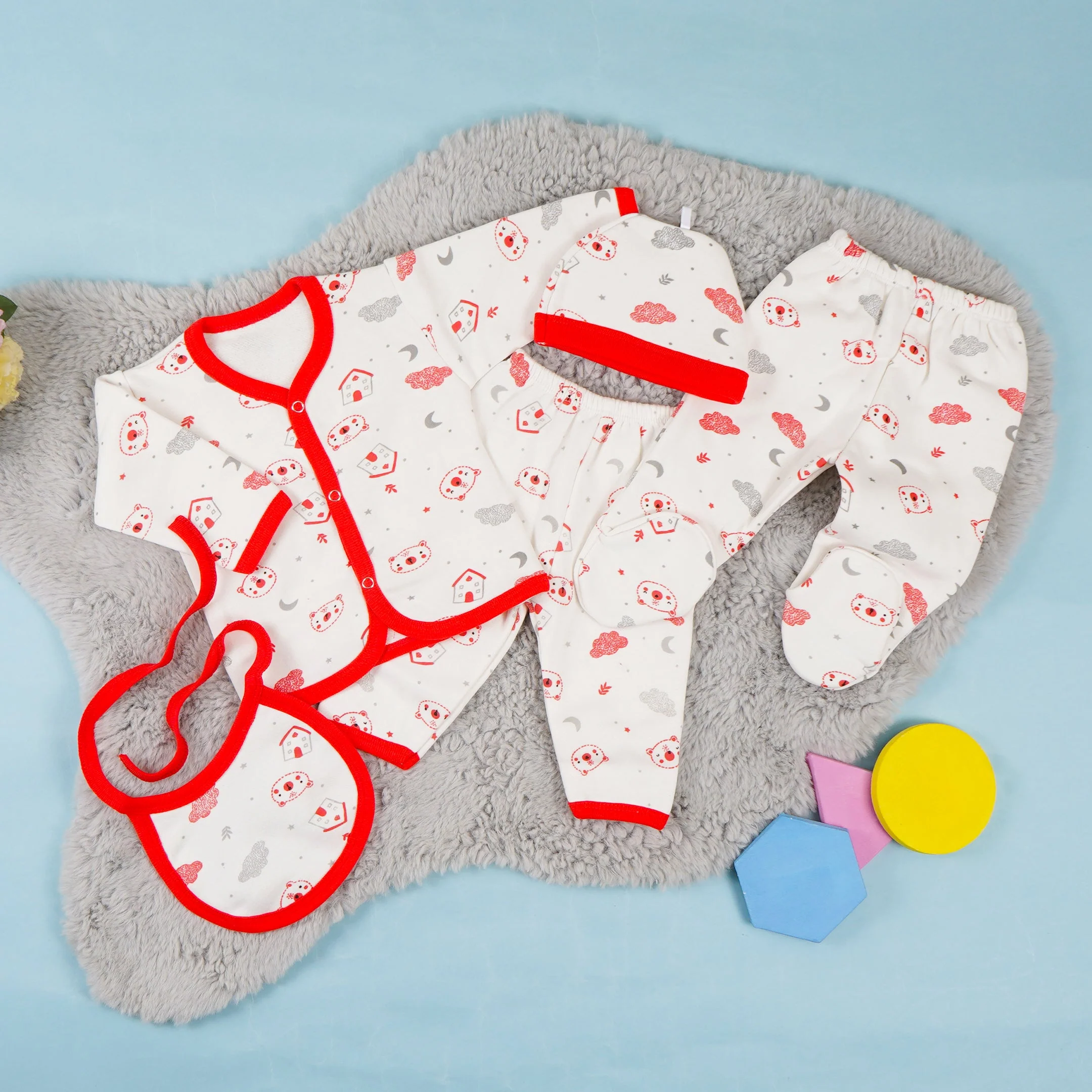 Newborn Baby 5Pcs Fleece Gift Set Bear Red - Oolaa