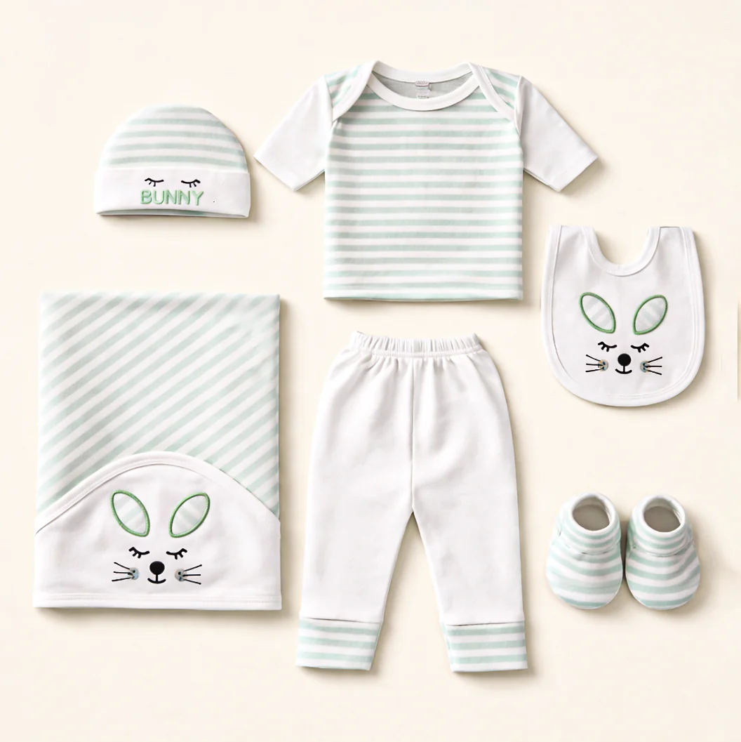 Newborn Baby 7Pcs Cotton Gift Set Stripes Bunny Green - Sunshine