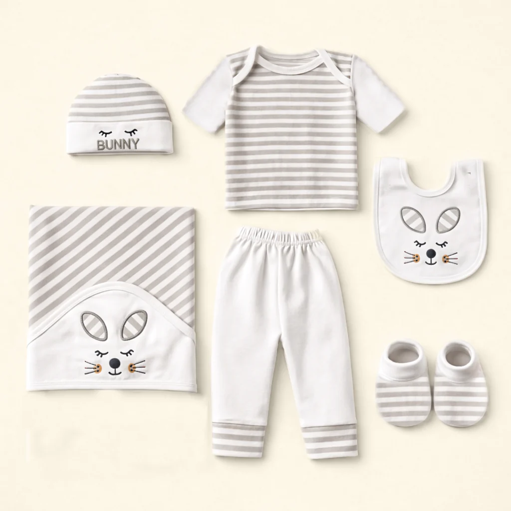 Newborn Baby 7Pcs Cotton Gift Set Stripes Bunny Grey - Sunshine