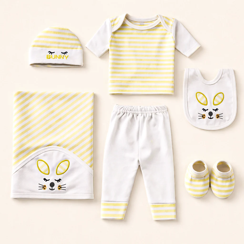 Newborn Baby 7Pcs Cotton Gift Set Stripes Bunny Yellow - Sunshine