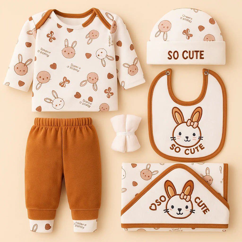 Newborn Baby 7Pcs Fleece Gift Set Brown & White Bunny So Cute - Sunshine