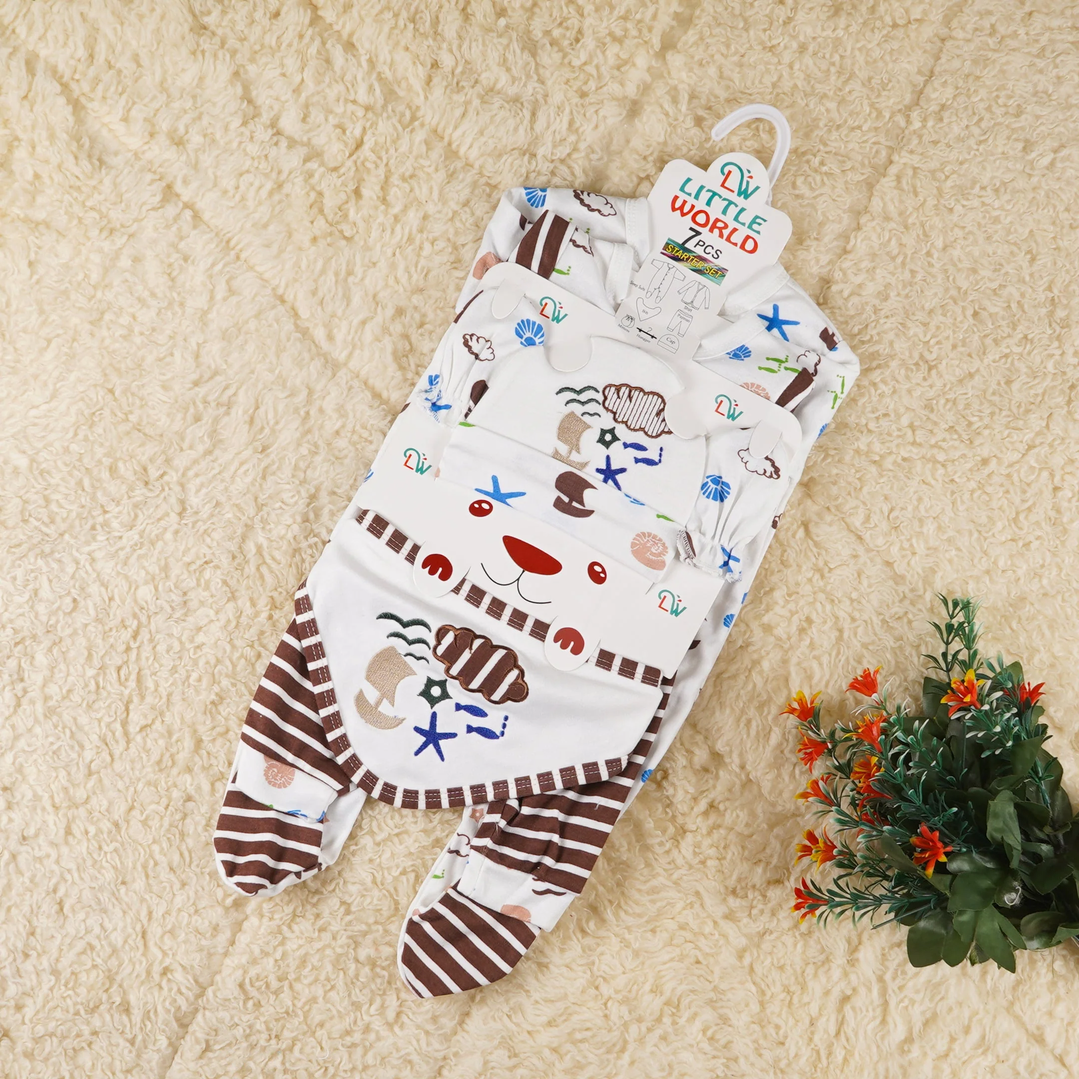 Newborn Baby 7Pcs Gift Set Star Fish & Birds Brown - Oolaa