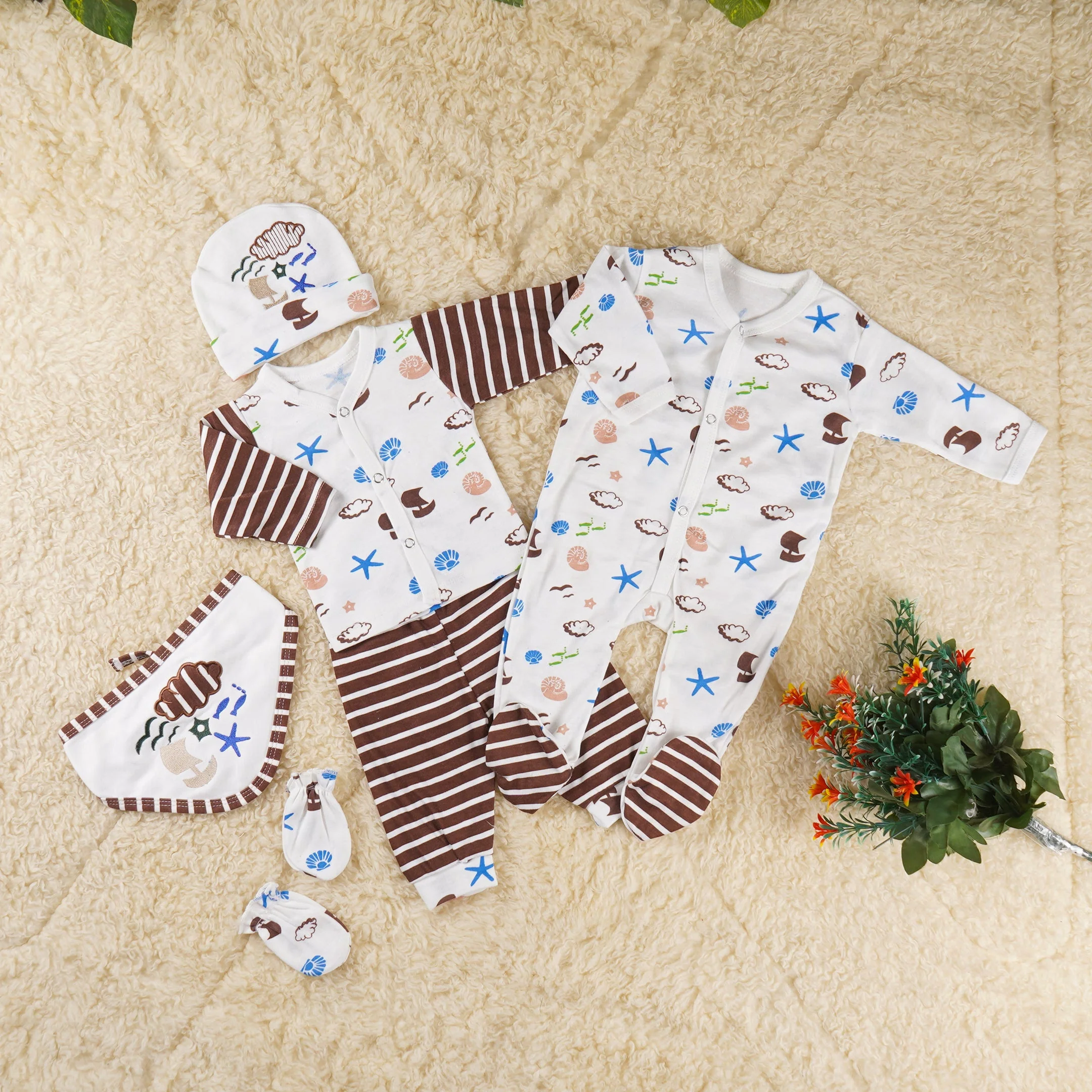 Newborn Baby 7Pcs Gift Set Star Fish & Birds Brown - Oolaa - Image 2