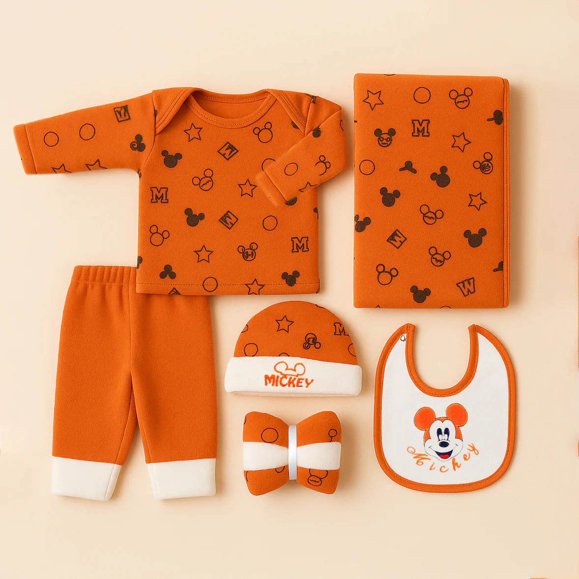 Newborn Baby 9Pcs Fleece Gift Set Mickey Mouse Orange & White - Sunshine - Image 2