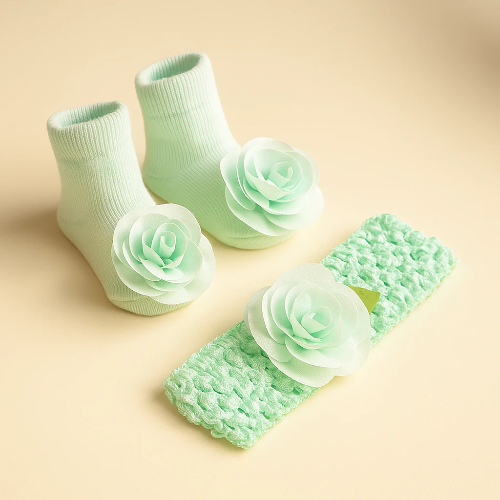 Newborn Baby Booties & Headband Set Flower Sea Green - Sunshine