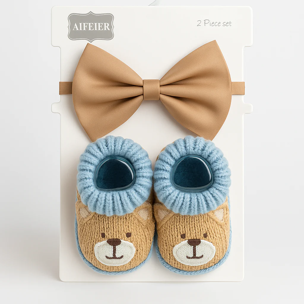 Newborn Baby Pack Of 2 Bow & Booties Set Bear Brown & Blue - Sunshine