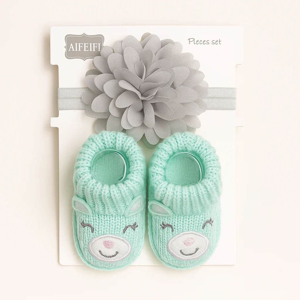 Newborn Baby Pack Of 2 Woolen Booties & Headband Set Bear Green - Sunshine