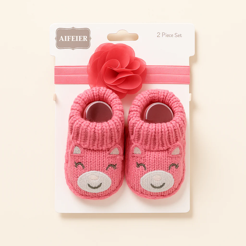 Newborn Baby Pack Of 2 Woolen Booties & Headband Set Bear Pink - Sunshine