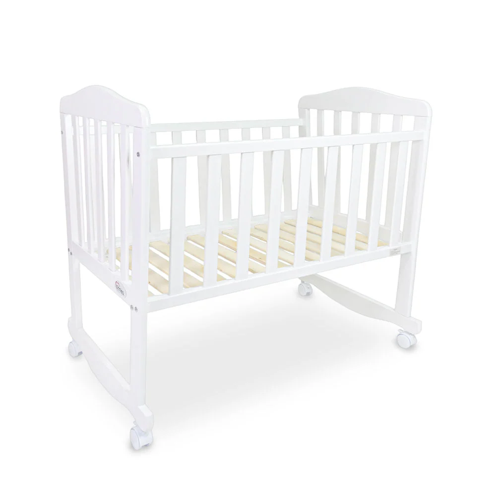 Tinnies Baby Wooden Crib - White Finish With Rocking & Wheels